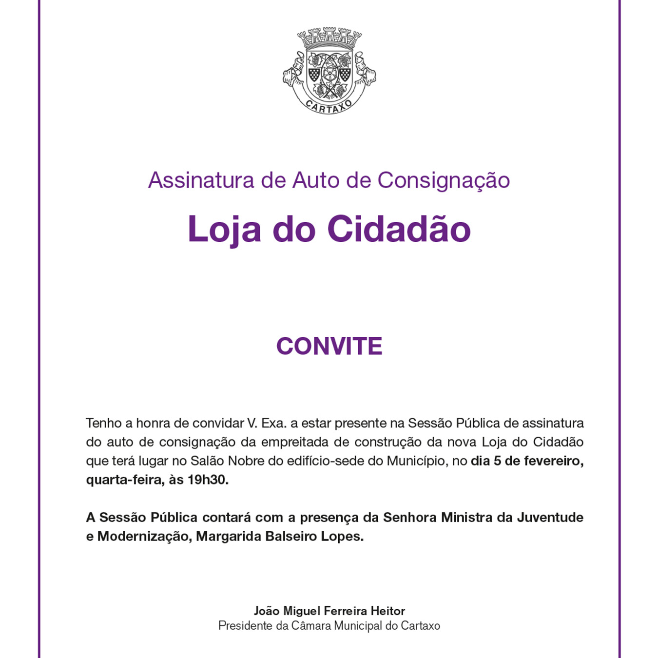 Convite – Assinatura do Auto de Consignação Loja do Cidadão 