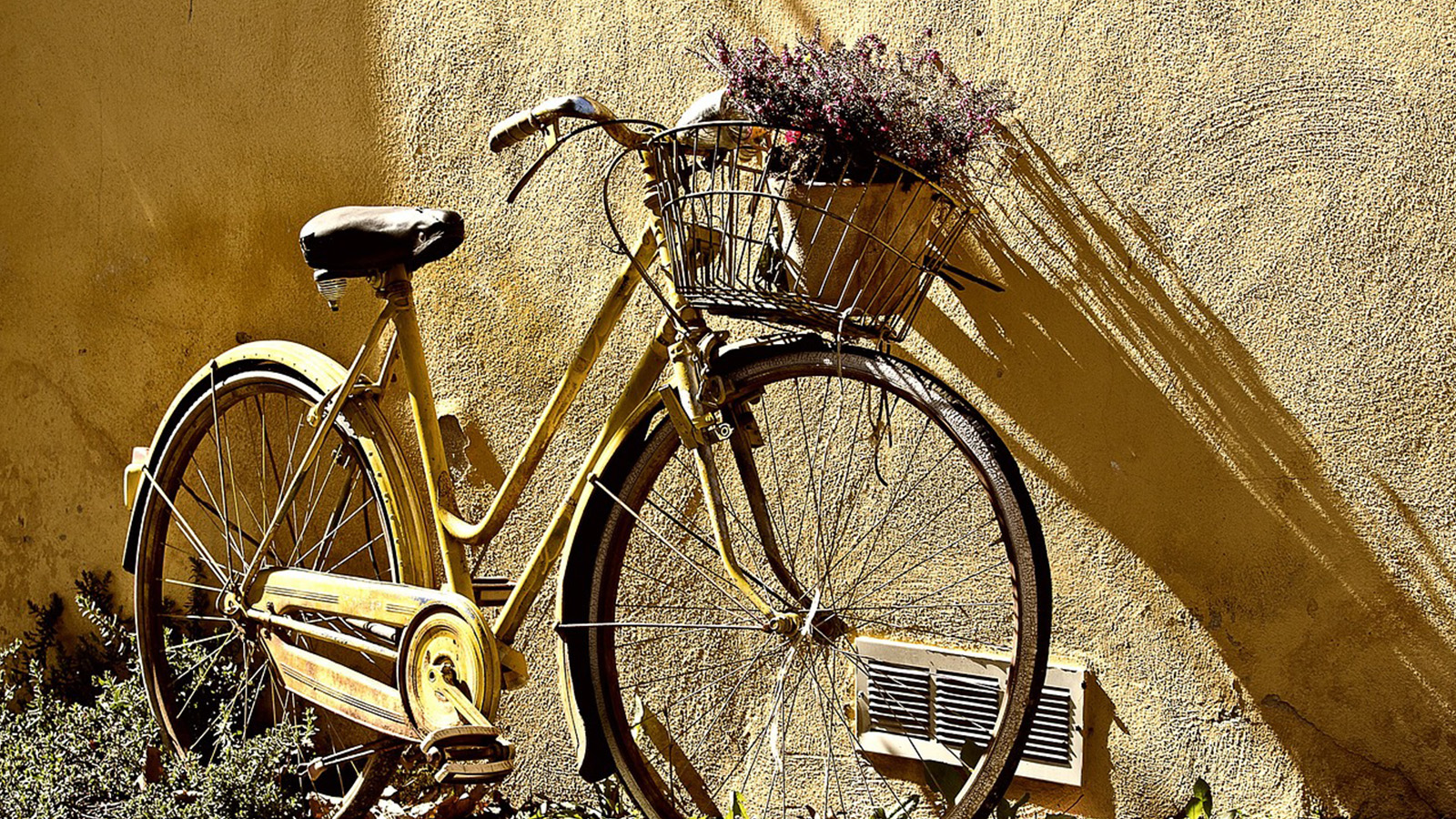 bicicleta encostada a parede amarela